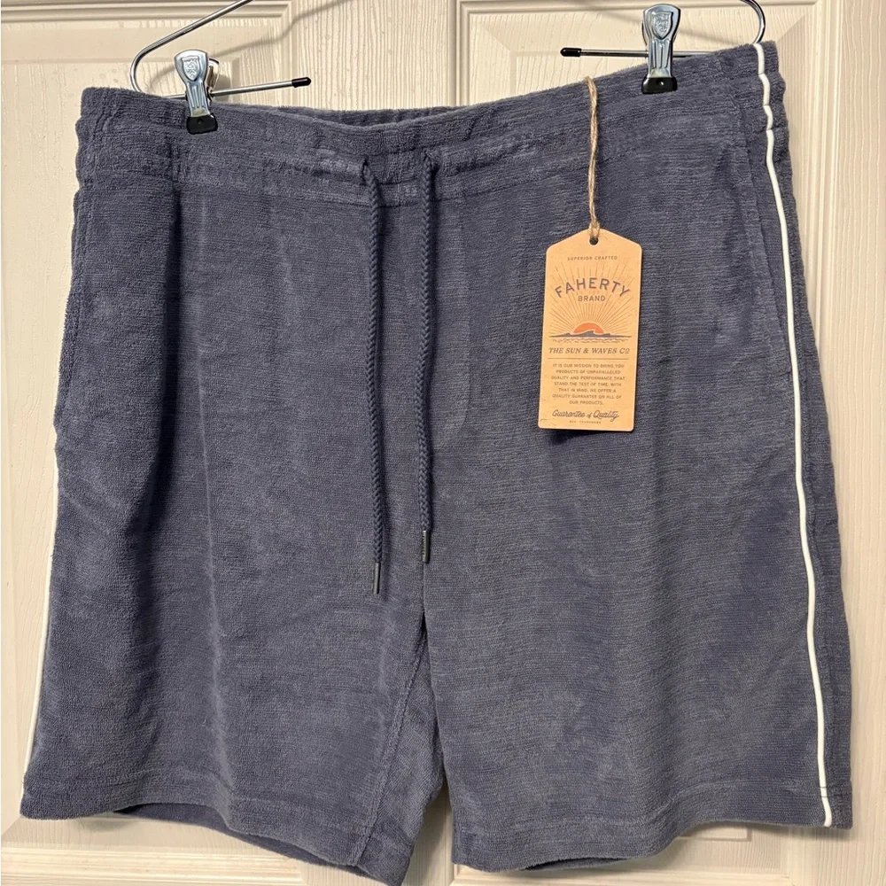 NWT Faherty Men's Cabana Towel Terry Shorts Eastern Storm Blue Large $128